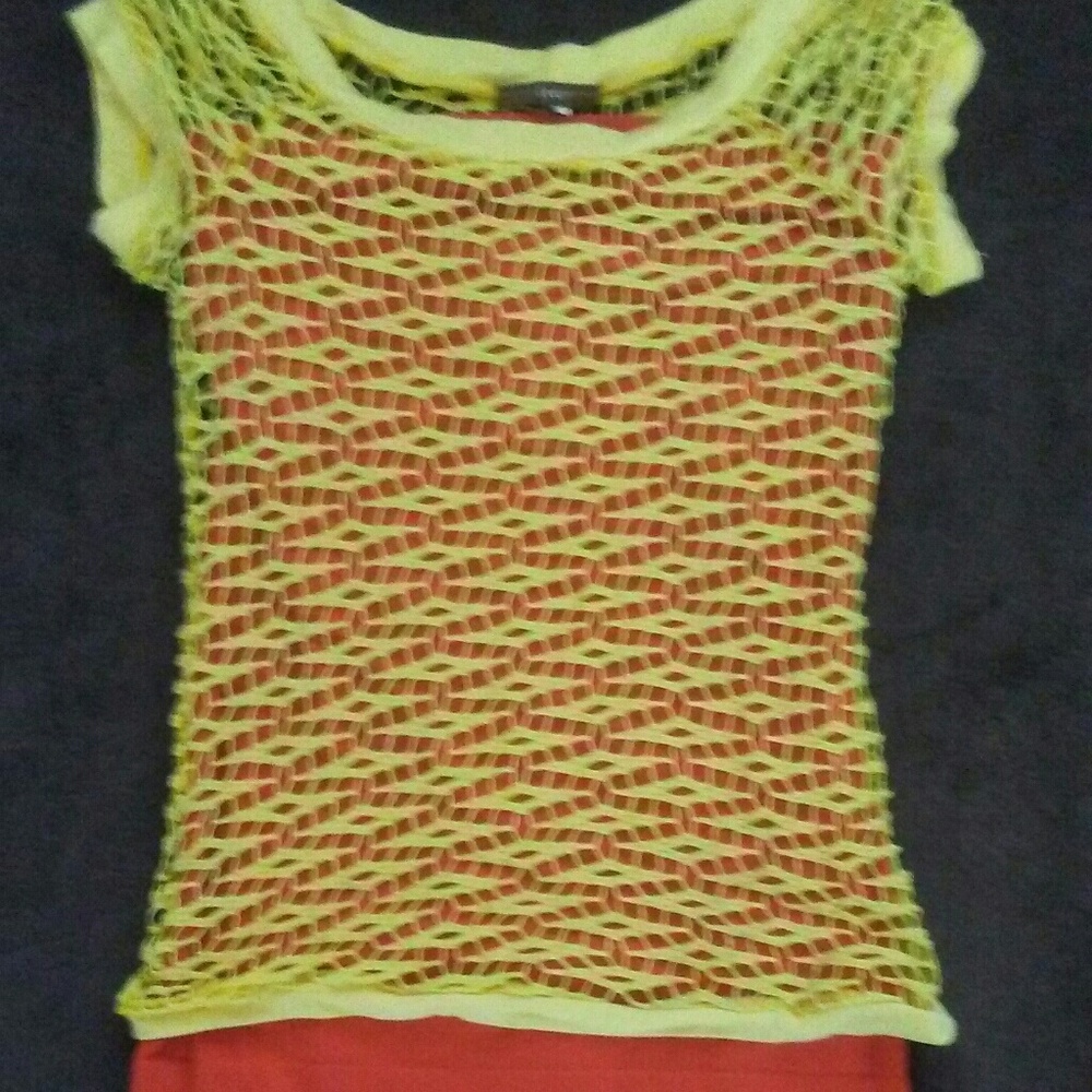 Orange tube top & yellow fishnet top.